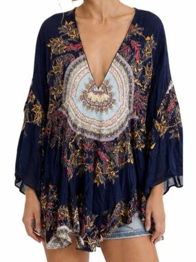 Free People XS Sunset Dreams Ruffle Printed Peasant Boho Tunic Top Blue Multi